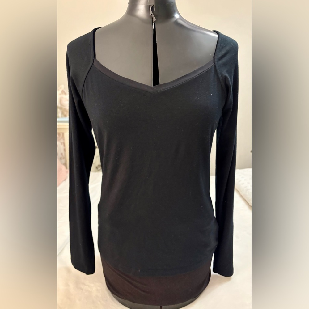 Ralph Lauren Women’s Black Square Neck Long Sleeve Stretch Classic Top Size M